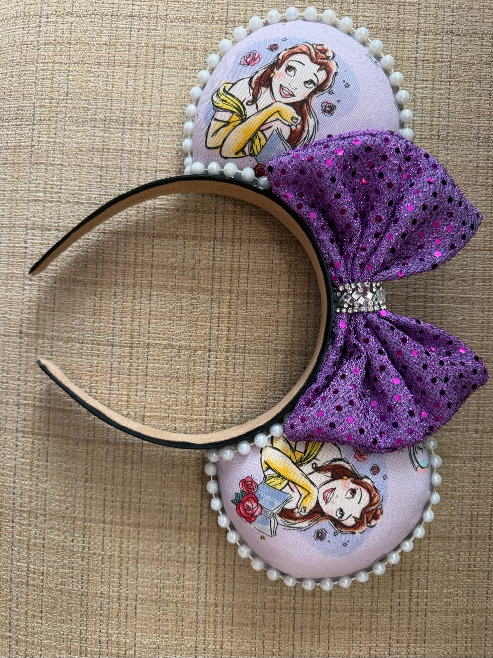 Belle Princess Mouse Ear Headband with Purple Sequin Bow